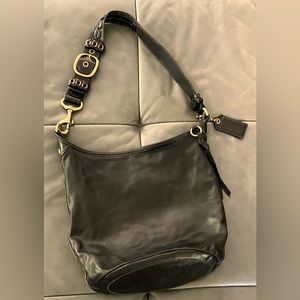 Coach XL Bleeker Tattersall black burnished leather bucket bag. Great condition.